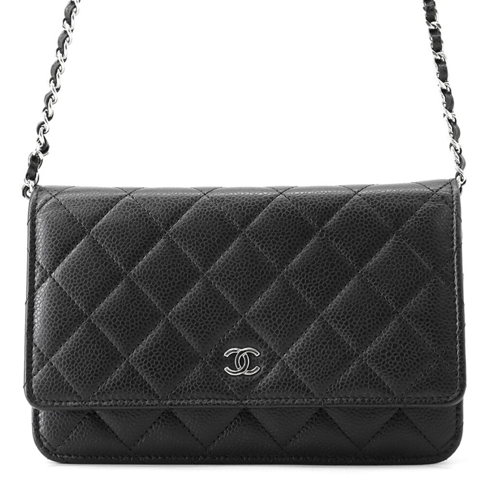 CHANEL Authentic Black Caviar Leather Logo Wallet